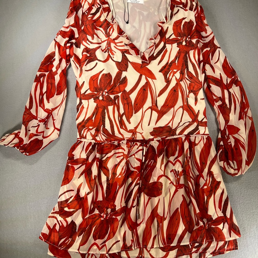 Mng Red Floral Long Sleeve Mini Dress Women’s Chiffon Ruffle V-Neck A-Line Dress